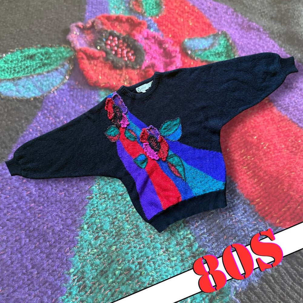 Vintage 80s Womens Sweater Color Block 3D Embellished WhimsyGoth Punk Statement